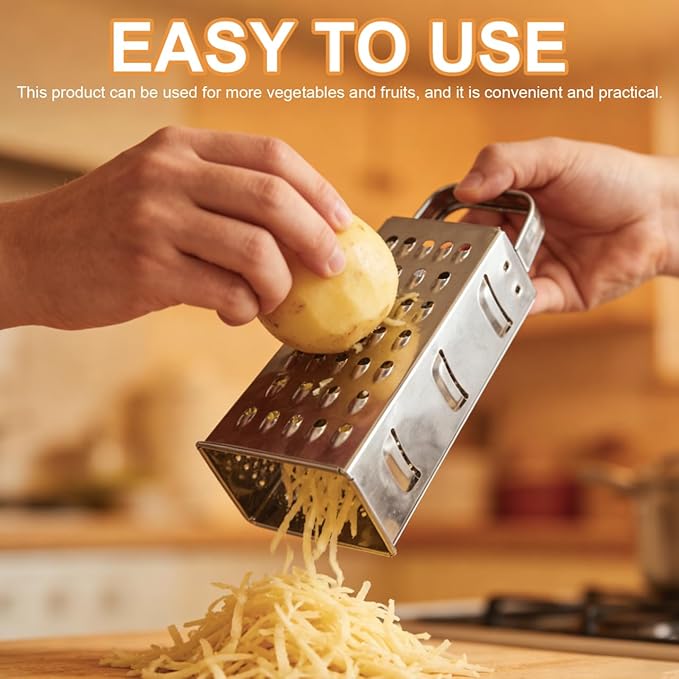 1pc Stainless Steel Vegetable Grater Portable Metal Grater 4-Sided Cheese Grater with Handle for Kitchen Restaurant (8inch)