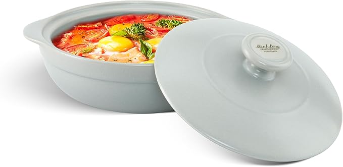 MINH LONG 1-Qt Porcelain Dutch Oven with Lid – Lead & Cadmium Free, Oven Safe to 482°F, Heat Retention, Clay Pot for Cooking on Gas & Infrared Cooktop, Use to Marinate, Cook, Bake, Refrigerate & Serve