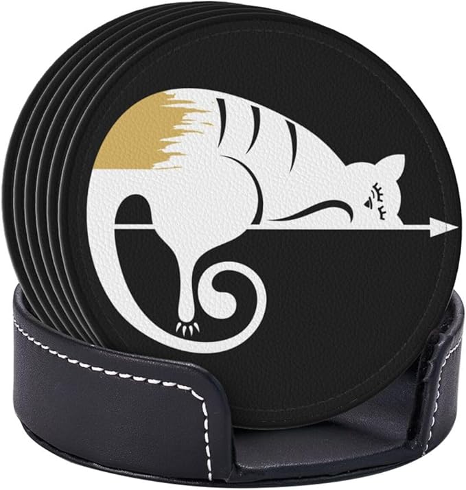 Funny Cat Print Leather Drink Coasters Set of 6 with Holder Round Cup Coaster for Table Decor