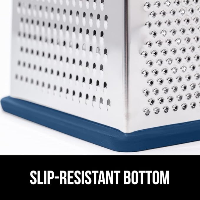 GORILLA GRIP 4-Sided Stainless Steel Cheese Grater With Container, 100% BPA-Free Box Grater, Slip Resistant Base and Handle, Grate Parmesan, Hard Cheeses, Shred Vegetables, Dishwasher Safe, Blue