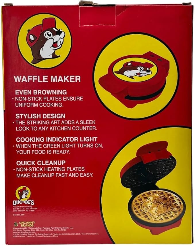 Buc-ee's Waffle Maker with Non-Stick Plates, Even Browning Technology, Cooking Indicator Light, Quick Clean Design, Red and Yellow