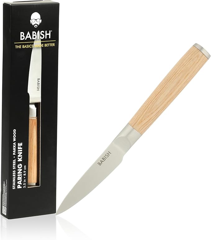 Babish 1.4116 German Stainless Steel Paring Knife with Light Pakka Wood Handle – 3.5-Inch Precision Kitchen Knife for Peeling, Trimming & Prep Work, Full-Tang Blade