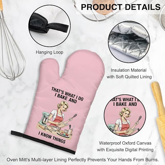 That's What I Do I Bake and I Know Things Cute Oven Mitts and Pot Holders Set, Kitchen Mitts for Cat Lovers, Birthday Gifts for Cake Maker Baker, Gifts for Women, Mom, Wife, Girlfriend