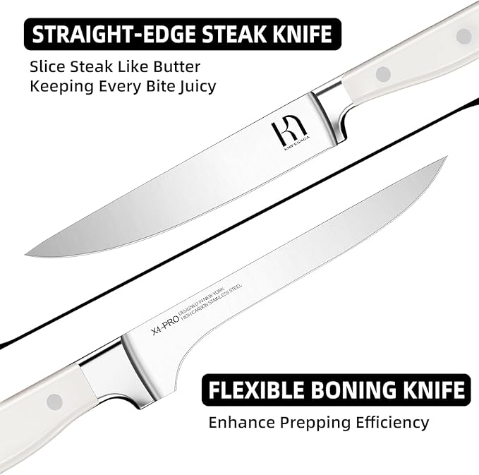 Knife Set, 15 Pcs Kitchen Knife Block Set, Enduring Razor-Sharp Japanese High Carbon Stainless Steel Chef Knife Set with Block and Sharpener, Premium Knives Set for Kitchen, White Acacia