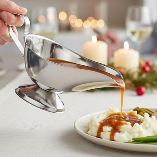 Soro Essentials- 16 oz. Stainless Steel Gravy Sauce Boat Gadroon Base with Loop Handle Set of 2- Restaurant Gravy Boat Dripless Lip Spout Serving Dish Gravy Bowl for Sauces Gravy Salad Dressings Milk