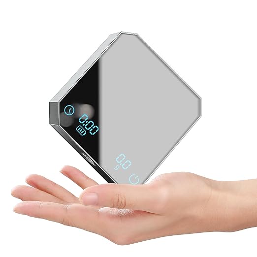 IKAPE Digital Coffee Scale with Timer, 0.1g High Precision Espresso Scale, 2kg Capacity, Waterproof Rechargeable Aluminum Alloy Coffee Scale with Auto Tare & Silicone Pad, Silver