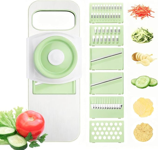 Stainless Steel Mandoline Slicer for Kitchen, 6-in-1 Vegetable Slicer with 360° Full-Cover Safety Guard, Adjustable Food Cutter for Potato, Carrot & Salad Prep, Space-Saving Design (Mint Green)