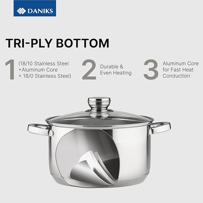 Daniks Standard 7 Quart Stainless Steel Stock Pot with Glass Lid, Try-Ply Bottom for Even Heating, Induction Compatible, Dishwasher Safe, Built-In Measuring Scale, Silver