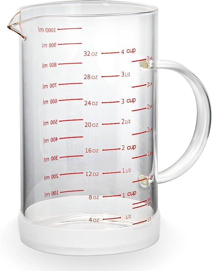 4 Cup Glass Measuring Cup with Handle, 77L High Borosilicate Glass Measuring Cup with V-Shaped and Three Scales (Cup, OZ, ML), Glass Liquid Beaker with Silicone Base, Double-Sided Measure Scales