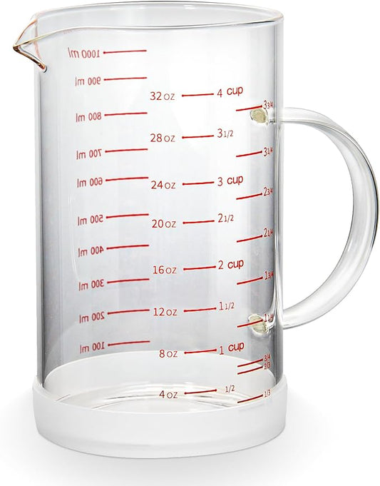 4 Cup Glass Measuring Cup with Handle, 77L High Borosilicate Glass Measuring Cup with V-Shaped and Three Scales (Cup, OZ, ML), Glass Liquid Beaker with Silicone Base, Double-Sided Measure Scales