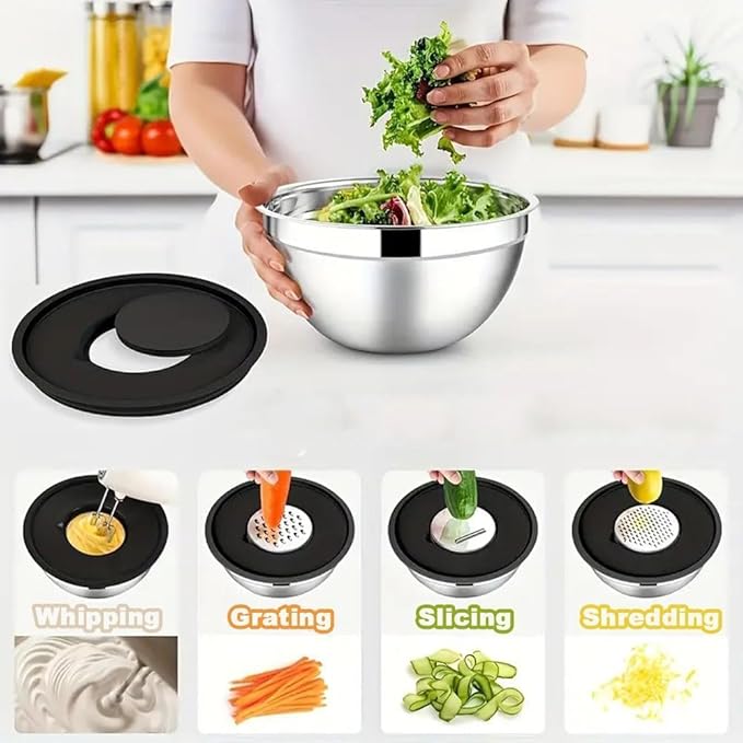 Thsinde Mixing Bowl with Airtight Lids Set of 6, Stainless Steel Nesting Salad Bowls for Mixing & Serving, 3 Grater Attachments & Non-Slip Bottoms (Size 7-1QT)