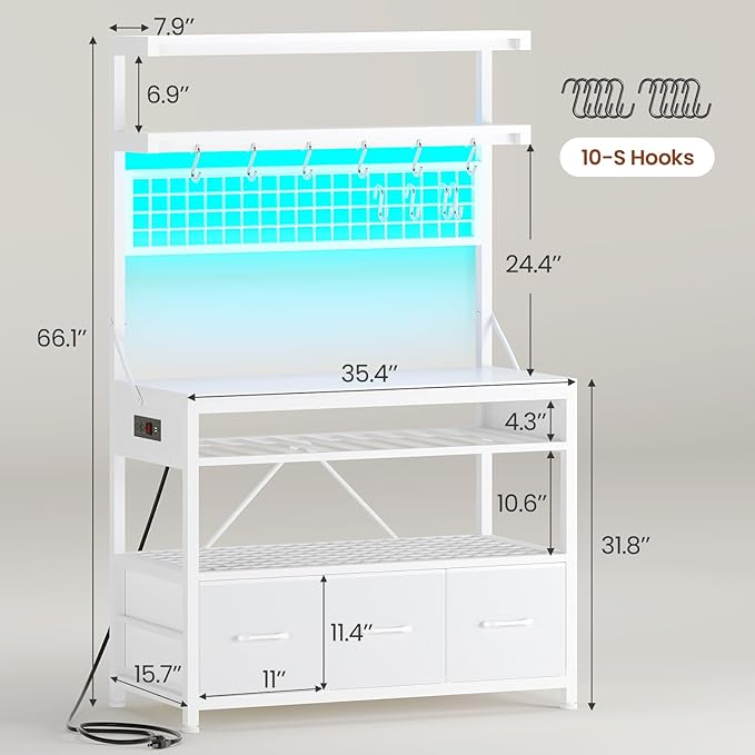 Itaar Bakers Rack with Storage and Power Outlet, 35.4 inch Microwave Stand with Fabric Drawers, Kitchen Coffee Bar Cabinet with Hutch, LED Lights, Wine Rack and Hooks, White