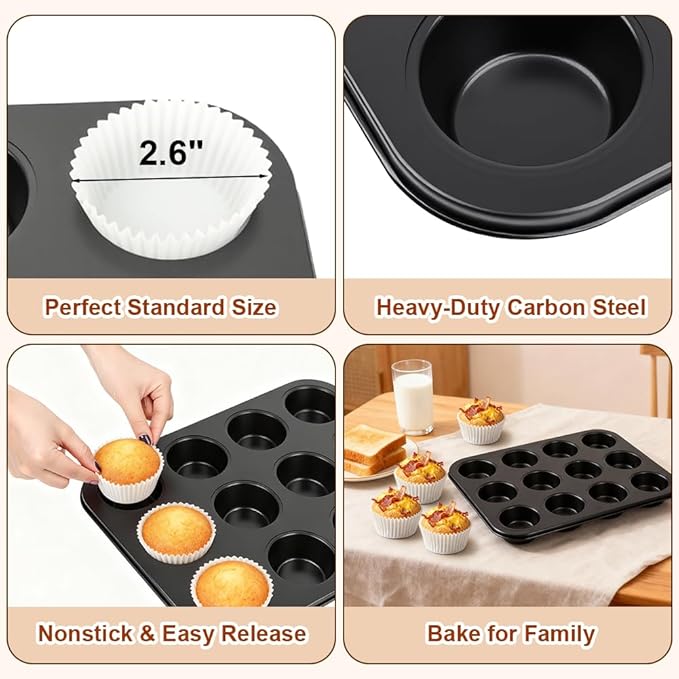 Smile Tree Muffin Pan & Cupcake Pan Set, 2 Pack 12-Cup Muffin Pans for Baking with 120 Cupcake Liners, Nonstick, Heavy-Duty Steel, Scratch-Resistant, Easy Release for Family & Party Baking (Black)