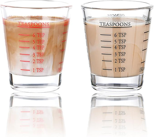 Shot Glasses Measuring cup Espresso Shot Glass Liquid Heavy Wine Glass 2 Pack 26-Incremental Measurement 1oz, 6 Tsp, 2 Tbs, 30ml (Black and Red)