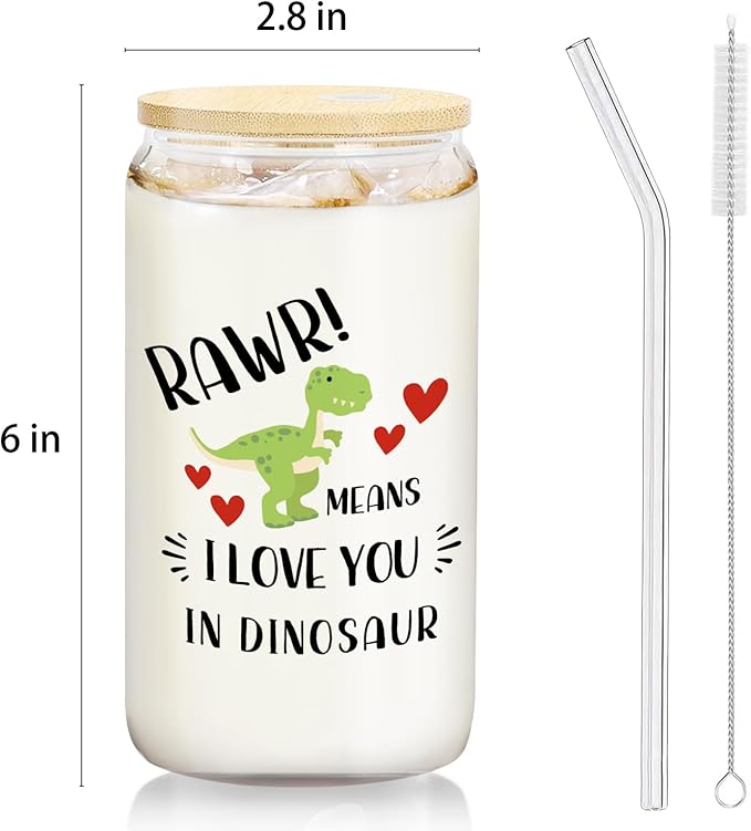 Dinosaur Glass Cup with Lids and Straws 14oz Gifts for Boys Girls Kids Adults, Rawr Means I Love You in Dinosaur Glass Iced Coffee Tumbler Drinking Jars with Cleaning Brush