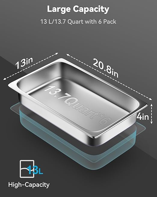 ZeroPone 6 Pack Hotel Pans, Full Size 4" Deep Stainless Steel Steam Table Pan, 20.8" L x 12.8" W 22 Gauge Metal Commercial Catering Food Pans Anti Jam Food Storage Containers