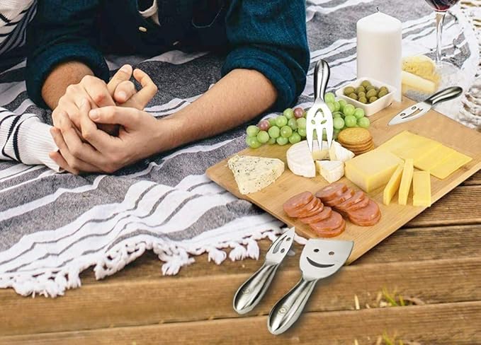 NEWLINE NY Stainless Steel 4 Pieces Smiling Faces Cheese Knife Set: Hard and Soft Cheese Knives, Serving Fork & Cheese Spreader