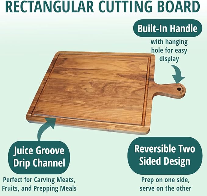 EcoDecors 3 Piece Teak Cutting Board Set with Handles, FSC Certified Edge Grain, Prep and Serving Boards for Kitchen