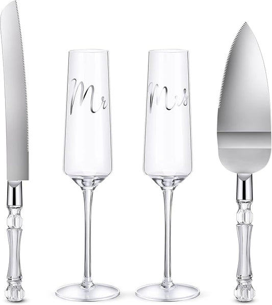 Boao 4 Pieces Wedding Toasting Flutes and Cake Server Set Wedding Reception Supplies Champagne Glasses Cake Knife Pie Server (Clear,Classic)