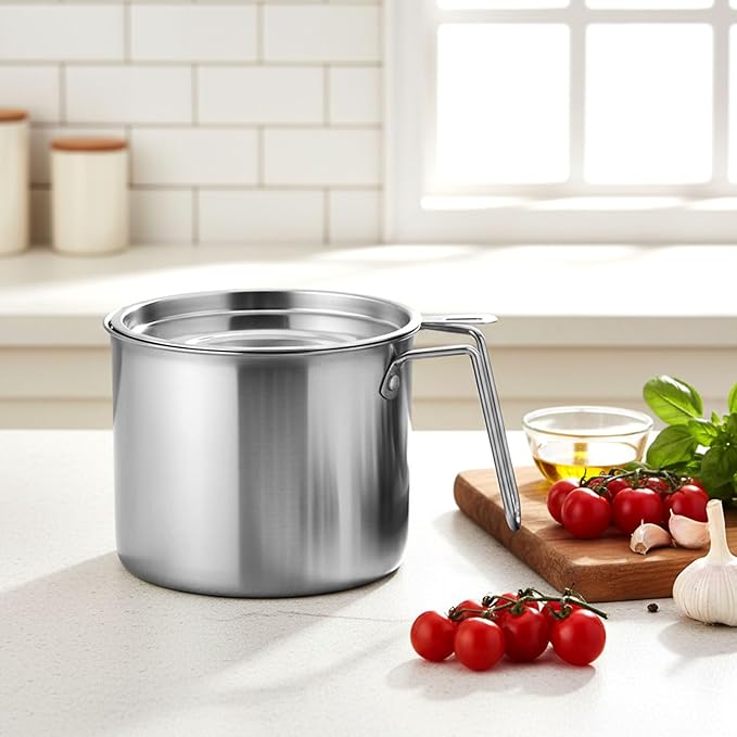 QWORK 1.8L Stainless Steel Grease Container with Fine Mesh Strainer, 61oz Bacon Oil Can for Kitchen Cooking Oil & Fat Storage, Heat Resistant 304 Stainless Steel Oil Filter Pot