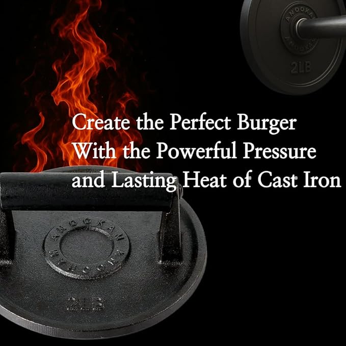Barbell Plate Design Cast Iron Burger Press 6.5" Round Heavy-Duty Smash Burger Press for Griddle, Grill, Bacon, Meat, Steak, BBQ with Wooden Handle