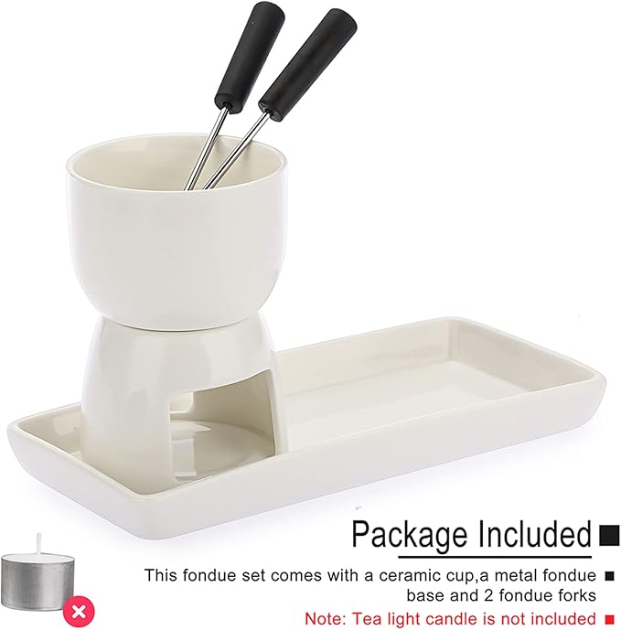 BSTKEY 150ML Ceramic Butter Warmer Set with Ceramic Rectangle Dish, Mini Fondue Pot Melting Pot Set, Melt Hot Pot Bowl Set For Cheese Chocolate Butter Caramel, with 2 Forks