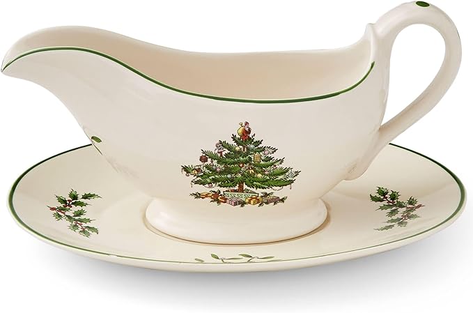 Spode Christmas Tree 9 Oz Gravy Boat & Stand - Festive Stoneware Sauce Boat with Tray for Holiday Gatherings, Serveware for Gravy, Sauces & Syrups - Microwave, Dishwasher & Oven Safe