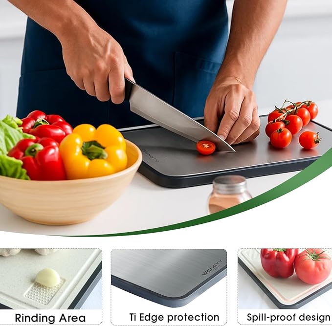 Titanium Cutting Boards for Kitchen, 2-in-1 Double Sided Food-Grade Pure Titanium&Wheat Straw PP, Non-Toxic, Non-Slip, Dishwasher Safe, Ideal for Meat, Vegetables, Fruit(Ti Silvery White, 16"L x 11"W)