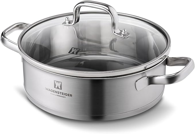 WAGENSTEIGER 4.3 Quart Casserole Pot/Dutch Oven/Saute Pan, 3-Ply Stainless Steel with Aluminum Core, Tempered Glass Lid, Ergonomic Handles, All Cooktops Compatible (9.84" Diameter Casserole)