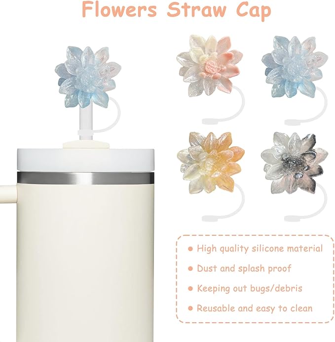 4 Pcs 0.4in Straw Cover for Stanley Cup, Silicone Straw Topper Set for 30&40oz Stanley Tumbler, Fit for 10mm/0.4in Straws (Lotus)