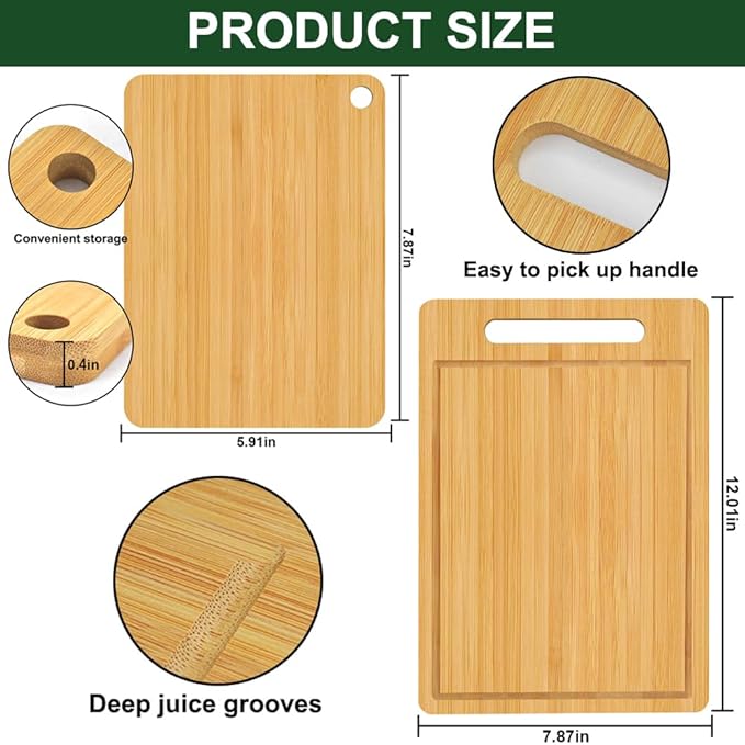 2PCS Bamboo Cutting Board for Kitchen, Wood Cutting Boards, Food-Grade Wooden Chopping Board for Meat Cheese Vegetable (Small Medium)