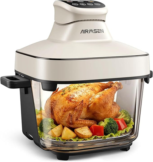 AIRMSEN 6.3 QT Glass Air Fryer Non-Toxic, 4 Presets & Manual Control, 105–400℉ Precise Heat, 95% Less Oil, Auto-Pause & Resume, Microwave & Dishwasher Safe Glass Container for Family Meals