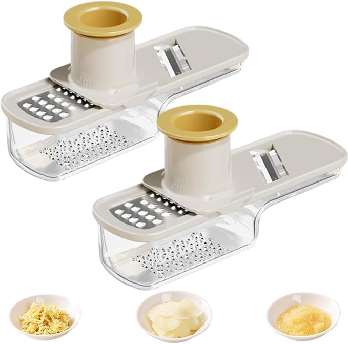 Multifunctional Garlic Grinder & Mandoline Slicer, 3-in-1 Mini Safe Garlic Slicer & Mandoline Slicer, Vegetable and Cheese Shredder, Stainless Steel Mandoline Cutter with Container (Beige x2)
