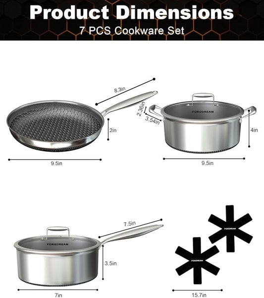 FogDream Stainless Steel Cookware, Tri Ply Pots And Pans Set, Non Stick Frying Pans, Soup Pot & Sauce Pan With Tempered Glass Lids, Cool Handles, Dishwasher Safe, Induction Compatible, Silver
