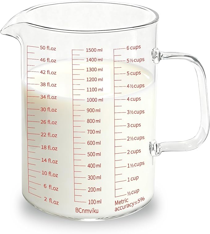 BCnmviku Glass Measuring Cup 6CUPS/1500ML/50OZ High Borosilicate [Insulated Handle | V-Shaped Spout]For Prepping Baking and Cooking Preheated Oven Dishwasher Freezer and Microwave Safe