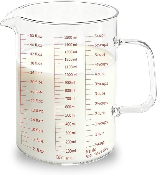 BCnmviku Glass Measuring Cup 6CUPS/1500ML/50OZ High Borosilicate [Insulated Handle | V-Shaped Spout]For Prepping Baking and Cooking Preheated Oven Dishwasher Freezer and Microwave Safe