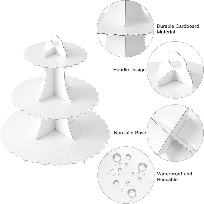 Soleebee 3-Tier Cupcake Stand, Cardboard Cupcake Tower, Dessert Cup Cake Stand Tower for Birthday Wedding Party Decoration, Cupcake Tier Stand 1 Set (White)