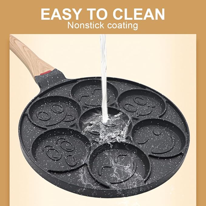 Pancake Pan Induction, Smiley Face Pancake Frying Pan Non Stick, 7 Holes Mini Pancake Maker for Kids 10.4 in - Black
