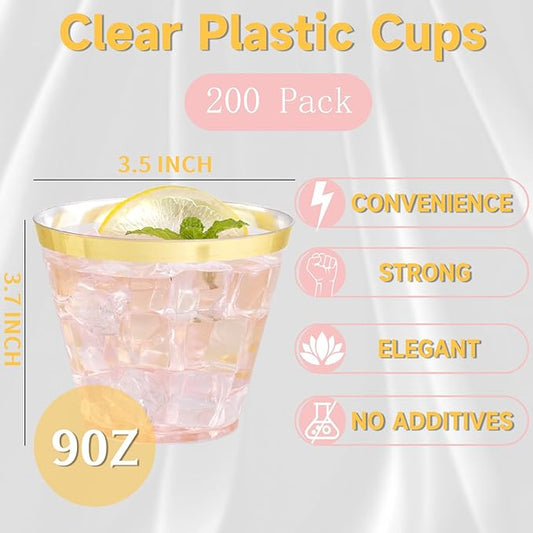 WELLIFE 200 PCS Gold Plastic Cups,9 oz Clear Plastic Cups,Disposable Wine Glasses,Plastic Cocktail Glasses for Party and Wedding