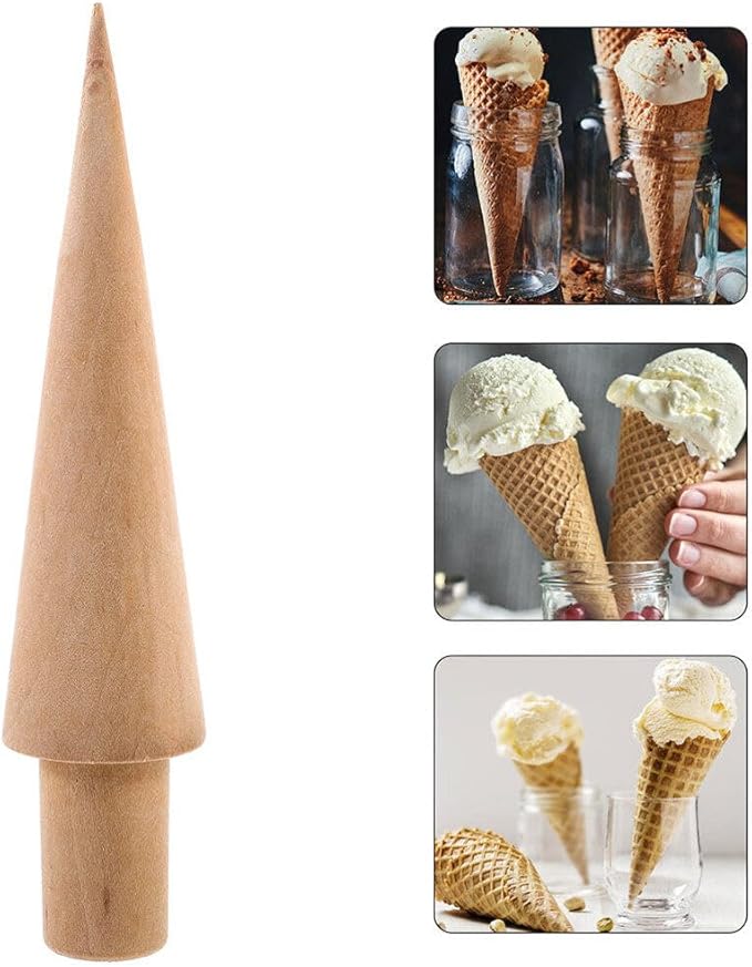 3-Piece Ice Cream Cone Mold Set, Multi-Function Reusable Wooden Cream Horn Waffle Pizzelle Roller Egg Roll Molds, Wooden Krumkake Iron and Cone Roller for Kitchen Cooking and Baking