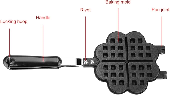 Heart Shape Waffle Maker for Stovetop, Non Stick Aluminum Campfire Waffle Iron with Detachable Handle, Portable Cookware for Outdoor Camping, RV and Home Kitchen