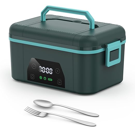 Cordless Heated Lunch Box, Smart Timer Automatic Heating Food Warmer for Adults, 5.5-Cup Portable Electric Lunch Container with Handheld Insulated Bag