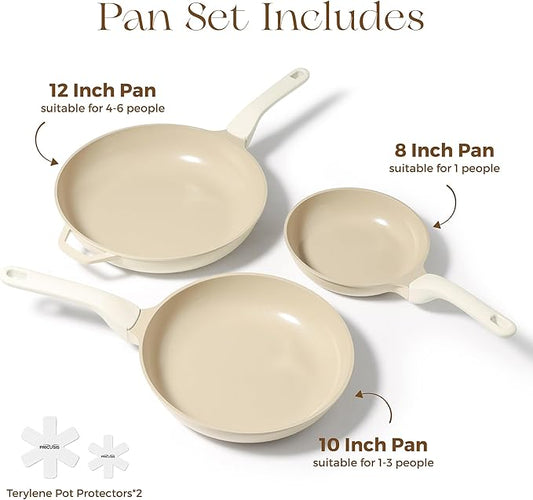PRICUSIS 5Pcs Ceramic Nonstick Frying Pan Set, 8+10+12 Inch Induction Compatible Skillet with Stay Cool Handle, Fully Coated, 100% Dishwasher Safe, PFAS & PTFE & PFOA Free (Coconut White)