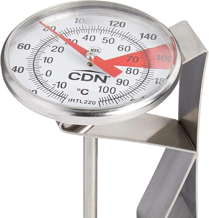 CDN ProAccurate® Instant Read Beverage Frothing Thermometer with Clip for Precise Temperature Measurement, 7" Stainless Steel Stem, Yellow Case (IRTL220)