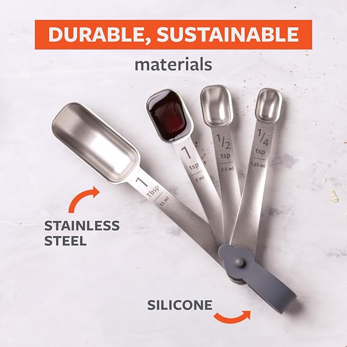 Full Circle Skinny Dip, Stainless Steel Measuring Spoons, 4-Piece Set - 1/4 tsp, 1/2 tsp, 1 tsp, and 1 Tbsp - Perfect for Spice Jars - Dishwasher Safe