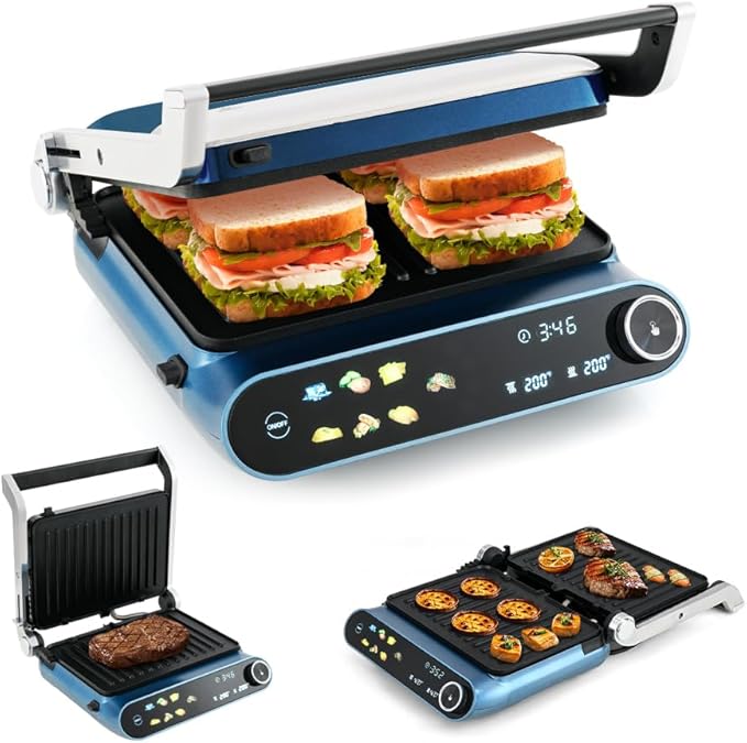ARLIME Panini Grill Press Sandwich Maker, 1200W Electric Griddle with LED Touch Panel, 7 Grilling Modes, Dishwasher Safe Non-stick Plates, Removable Drip Tray, Indoor Grill for Burger, Cheese, Steaks