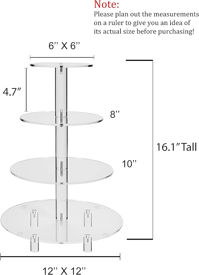 Jusalpha® Large 4 Tier Acrylic Glass Round Cake Stand-cupcake Stand- Dessert Stand-Tea Party Serving Platter-Candy Bar Party Décor, With Rod Feet 4RF-12