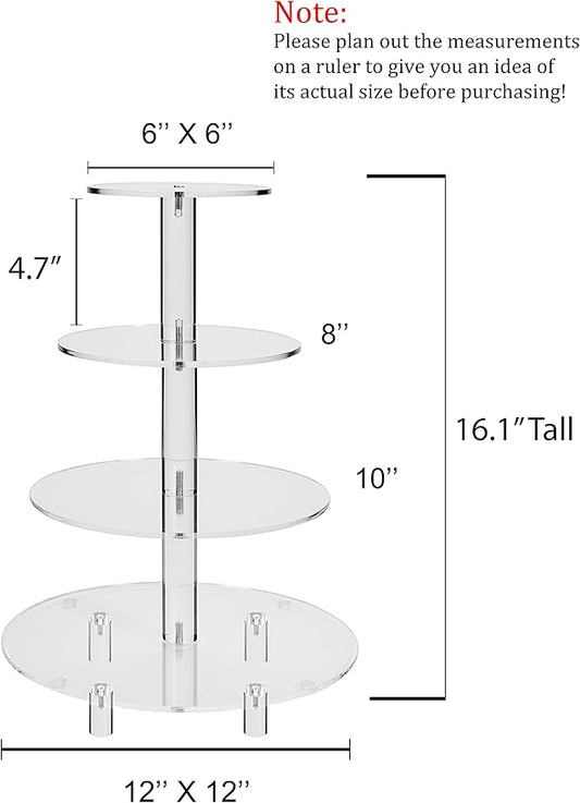 Jusalpha® Large 4 Tier Acrylic Glass Round Cake Stand-cupcake Stand- Dessert Stand-Tea Party Serving Platter-Candy Bar Party Décor, With Rod Feet 4RF-12