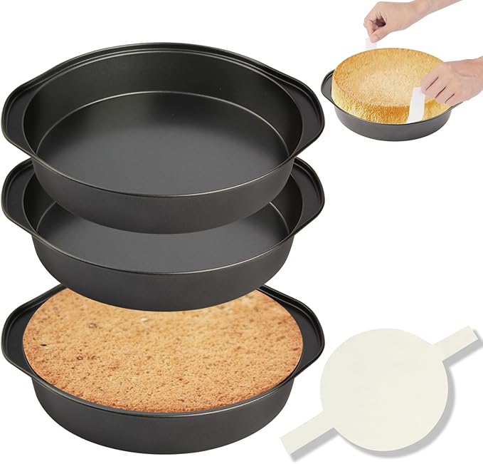 tutikuki 8" Round Cake Pan, 3PCS Nonstick Cake Pans with 100 PCS Parchment Paper, Carbon Steel Cake Baking Pans with Handle, Dishwasher Safe