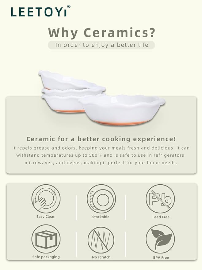LEETOYI 5.8 Inch Mini Pie Pans, 8 Ounce Ceramic Pie Plate Pie Dish Ramekins for Kitchen, Individual Stackable Pie Tins, Set of 4 (White/Brown)